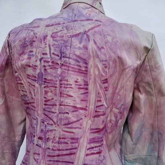 Leather Motorcycle Jacket studded tie dyed pink purple blue gray small Med Large